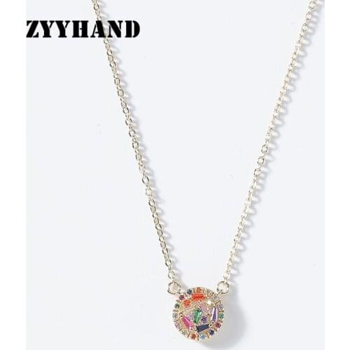 Multi Color Zircon Round Women Pendant Necklace Golden Rainbow Stone Cross Chain 16inch Copper Alloy Girl Jewelry