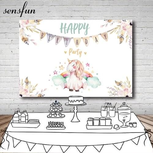 Sensfun Cartoon Unicorn Party Backdrop For Kids Flowers Bunting Rainbow Newborn Birthday Party Backgrounds For Photo Studio