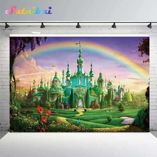 Fantasy Magic Green Diamond Castle Photo Backdrop Fairytale Rainbow Flowers Photography Backdrops Kids Photo Studio Background