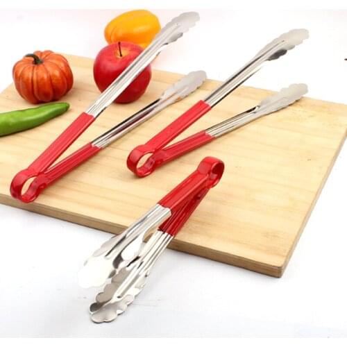 Thick stainless steel kitchen suppliessilicone bread clip Red handle barbecue tool silicone heat resistant cooking tongs