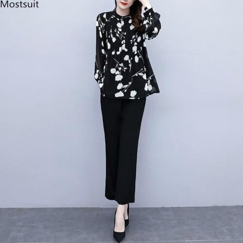 Spring Women Elegant Two Piece Set Plus Size Fashion Loose Long Sleeve O-neck Floral Tops + Pants Outfit Korean 2020