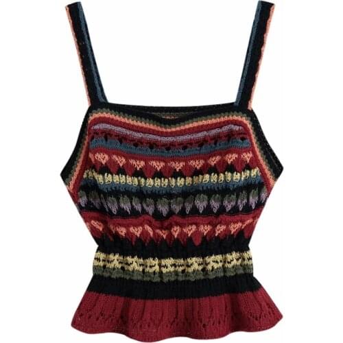 Women Color Striped Crochet Knitted Suspender Short Sweater Female Sleeveless Pullover Casual Lady Slim Crop Tops SW1220