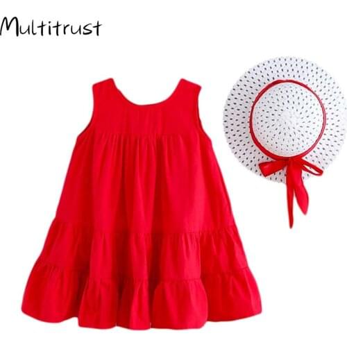 2-6Y Summer Girls Dress +Straw Hat Solid Color Sleeveless Tiered Dress Loose Style Summer Outfits