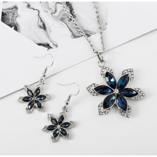 Geometric Pendant Necklace Women Navy Blue Snow Flower Drop Earrings Party Jewelry Set