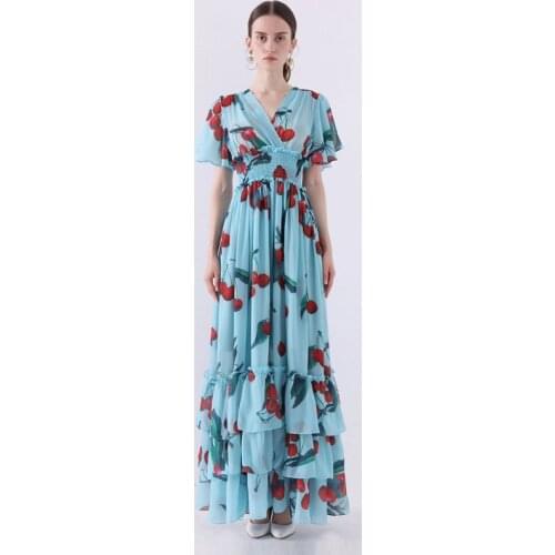 Blue chiffon red cherry floral v neck fulled dress women robe 20 summer long casual beach sexy dresses plus size slim fit