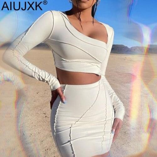 AIUJXK Fashion Dress Two Piece Sets Women 2021 New Summer Long Sleeve Crop Top And Skirt Suits Solid Color Slim Sexy Outfits