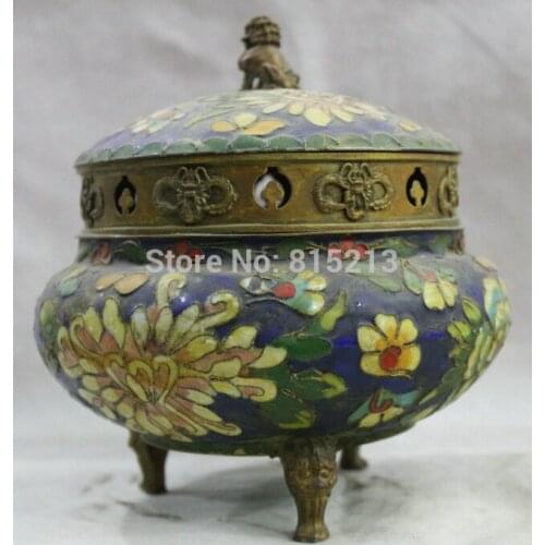 Bi00970 6" China Dynasty Cloisonne Bronze Gild Lion Dragon Flower Incense Burner Censer