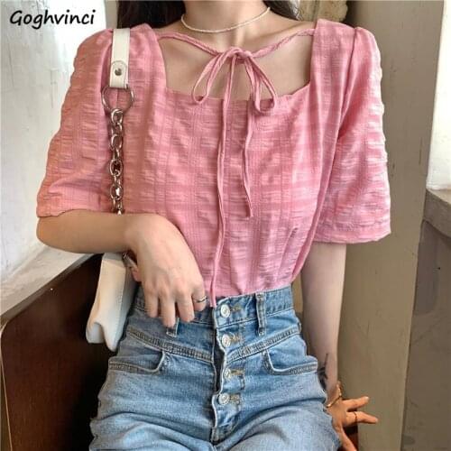 Blouses Women Sweet Straps Square Collar Folds Preppy Ins Korean Style Female Tops Streetwear Retro All-match Fashion Solid Chic