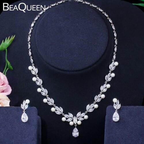 BeaQueen Brilliant Flower Leaf Cubic Zircon and Pearl Costume Earrings Necklace Bridal Jewelry Sets Wedding Accessories JS213
