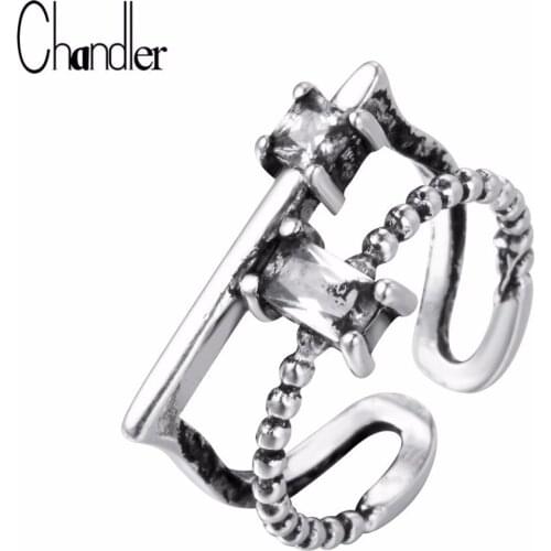 Chandler Original Plating Square Cubic Zircon Rings H Pattern Double Line Retro Vintage Engagement Open Anillos Anel