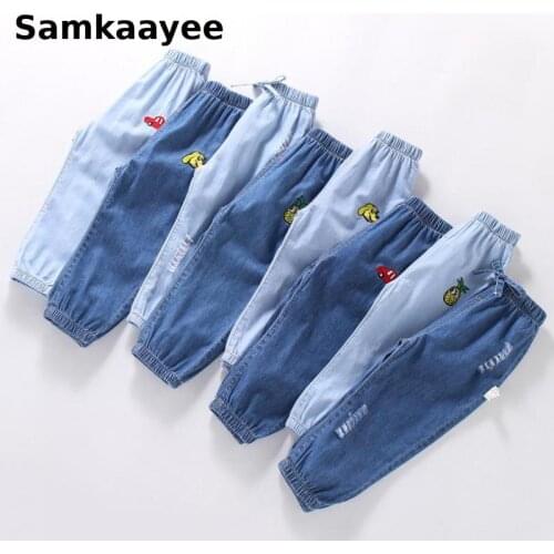 3-9y Kids Cartoon Trousers Pant Summer Girls Waist Jeans Children Boys Jeans Casual Denim Thin Pants Baby Jean Infant Clothing 2