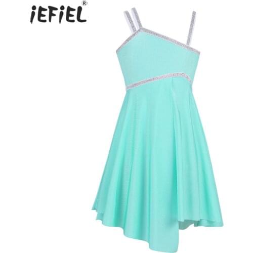 Girls Latin Ballet Dress Asymmetrical Strap Shiny Ballet Dance Dress Kids Stage Gymnastics Performance Costume Leotard Dress