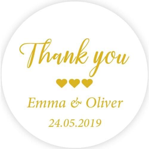 DouxArt 100 Pieces Custom Personalized, Thank You Wedding Stickers, 4CM Heart Wedding Favors Communion Invitation Box Label P041