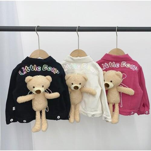 2-8 Y Toddler Girls Jackets Spring Autumn New Kids Cartoon Bear Denim Jackets Casual Letter Print Fashion Coats for Girls 2021