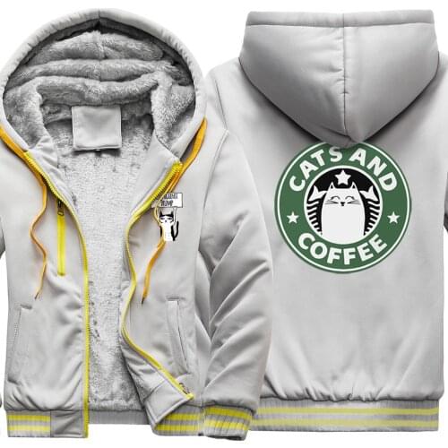 Cat And Coffee Keep Warm Mens Raglan Thicken Jackets Wool Liner Clothing Leisure Harajuku Tracksuits Streetwear sudadera hombre