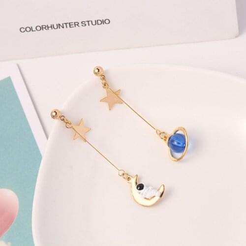 Cute Cartoon 3D Astronaut Spaceman Earrings For Women Girls Asymmetrical Planet Star Moon Fashion Jewelry