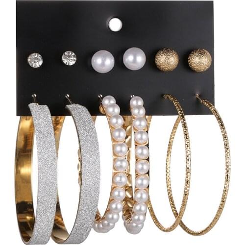 3 Pair Oversize Circle Hoop Pearl Circle Round Crystal Earrings For Women Bohemian Earrings Set Big Drop Brincos Female Jewelry