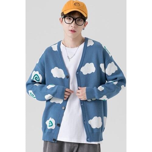 2021 Autumn New Mens Long-Sleeved Cardigan Thick Sweater Youth Loose Autumn Blue Sky White Clouds Brocade Sweater
