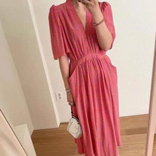 V-neck Pocket Waist Dresses for Women 2021 Summer Dress Chic Retro Flower A-line Ladies Dress French Style Vestidos New 15236