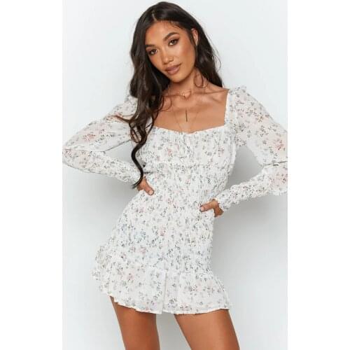 Pleated Ruffled Skirt Name Heating Quality Floral Skirt Open Back Square Collar Long Sleeve Chiffon Dress Halter Sexy Dress