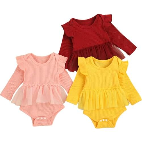 Infant Baby Girls Casual Romper Dress, Solid Color Round Collar Fly Sleeves Jumpsuits with Yarn Hem