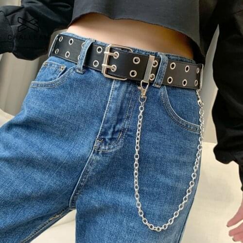 Women Punk Chain Fashion Belt Adjustable Double/Single Row Hole Eyelet Waistband with Eyelet Chain Decorative Belts 152