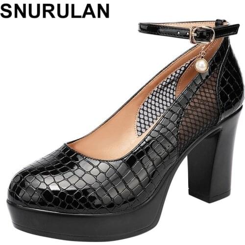SNURULAN Fashion Croco Patent Leather Shoes Black 2021 Womens Pumps High Heels Platform Shoes Ankle Buckle Ladies Plus Size