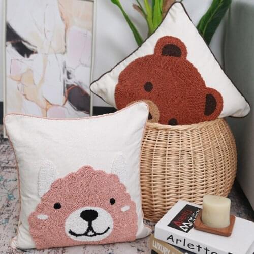 Tufted Cartoon Animal Embroidered Pillow Cushion Covers Brown Bear Sofa Bed Chair Car Throw Pillowcase Living Room Home Decor