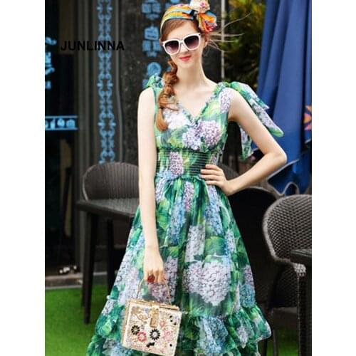 Mulberry Silk Blending Dress Sleeveless V Neck Printed Dresses Elastic Waist Summer New Women Cake Vestidos