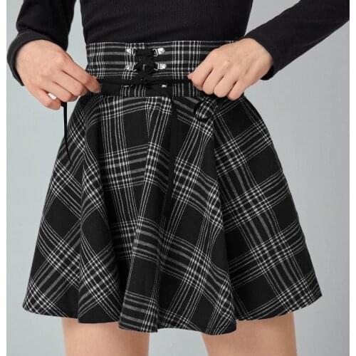 Spring Summer Women Skirts 2021 High Waist Korean Style Pleated Skater for Girls Retro Punk Ladies Mini Plaid Lace Up Skirt