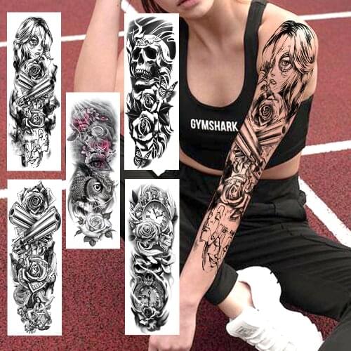 Full Arm Temporary Tattoos Sticker Realistic Fake DIY Gangster Gun Mask Skull Eyes Large Size Black Sleeve Tatoos For Women Men