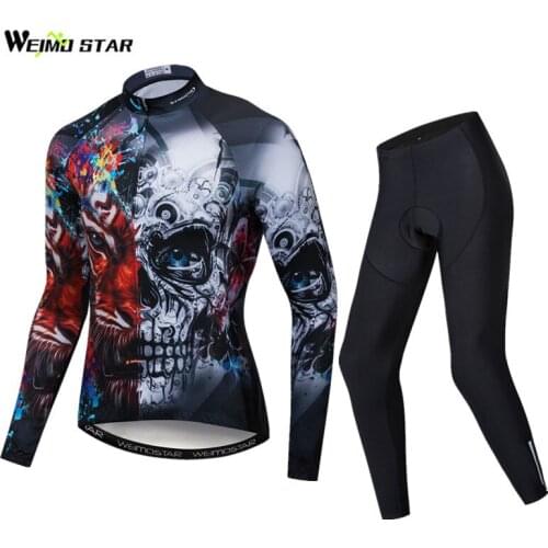 Weimostar Skull Cycling Jersey Set Men Autumn Printing Cycling Clothing Roupa Ciclismo Long Sleeve MTB Bicycle Bike Jersey Suit