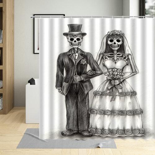 Skull Soul Mates Hand Drawn Skeleton Lover Pattern Bathroom Curtains Fabric Waterproof Shower Curtain Bathtub Decor With Hooks