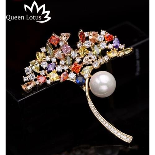 Queen Lotus New Luxury High Quality Leaf Brooches for Women AAA Zircon Jewelry Crystal Brooch Accessories and Pins For Gift