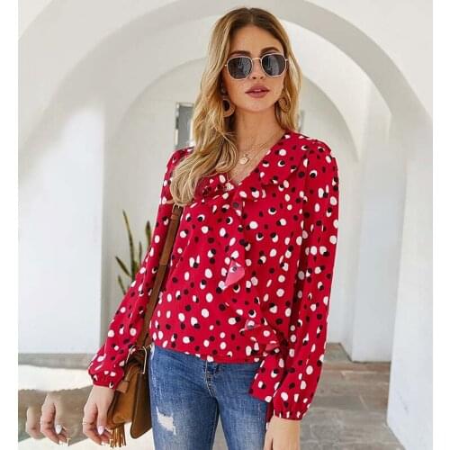 Ladies Autumn Long Sleeve Polka Dot Blouse Fashion Casual V-neck Ruffled Temperament Women Shirt WX166