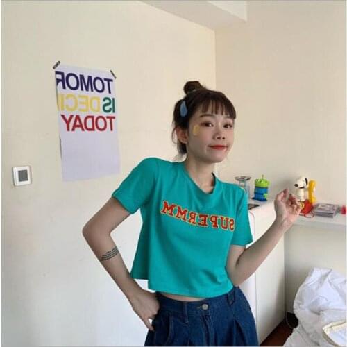 Campus Style Women T shirts Candy Color Letters Print Short Sleeve Women Tops Tees Short Length Woman T-shirt