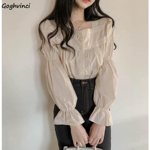 Shirts Women Square Collar Puff Sleeve Button Ruffles Lace Pleated Solid French Vintage Sweet Ladies Loose Casual All-Match New