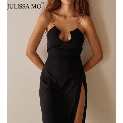 Julissa Mo Hollow Out High Split Button Summer Women Dress 2021 Sleeveless Backless Party Dresses Elegant Sexy Black Vestidos