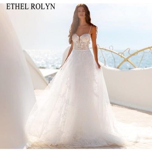 ETHEL ROLYN A-Line Wedding Dress 2021 Spaghetti Straps Sweetheart Shiny Tulle Bride Beading Flowers Lace Boho Beach Bridal Gowns