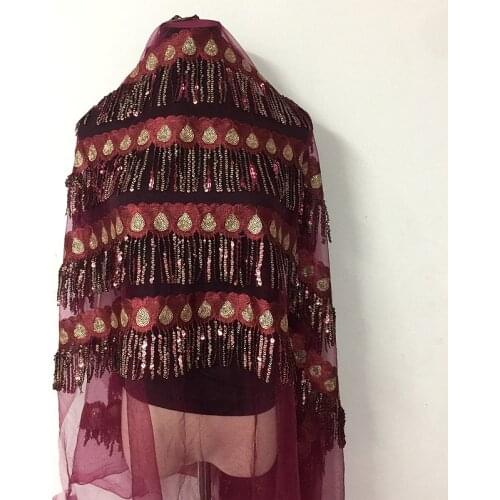 GLace 1Y/lot sequins lace fabric Red embroidery lace mesh fabric for night dress clothing decoration DIY material TX511