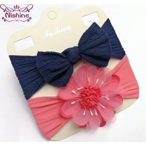 2pcs/set Toddler Solid Color Striped Bowknot Elastic Hairband Cute Handmade Net Yarm Flowers Baby Headband Kids Hair Accessories