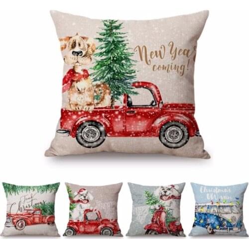 2018 Cute Watercolor Christmas Decoration Sofa Throw Pillow Case Christmas Truck Tree Lovely Puppy Dog Letter Snow Cushion Cover