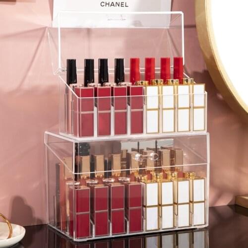 Acrylic Lip Gloss Holder Lipstick Box Display Stand Sundry Storage Box Cosmetic Makeup Organizer Holder with Lid
