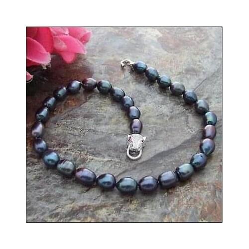 BEAUTIFUL9-10MM NATURAL SOUTH SEA BAROQUE BLACK PEARL NECKLACE 18" Leopard Cla
