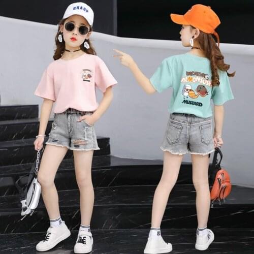 Children Cartoon Pattern Denim Clothing 2-piece Set For Girsl Summer Kids Short Sleeve T-shirt Shorts Pants Clothes Suit Outfits