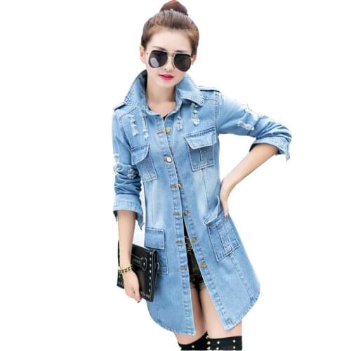 Denim jacket European American mid-length lapel hole denim jackets female windbreaker 2020 autumn spring new plus size overcoat