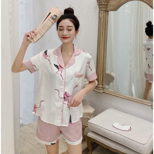 Sexy Flamingo Satin ice silk shorts pajamas sets women summer sweet Korea fashion fresh short sleeve sleepwear women pyjamas