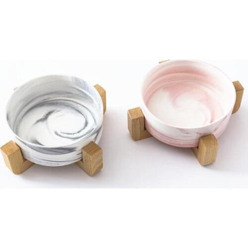 New Adeeing Marbling Ceramic Cat Bowl with Wooden Rack for Pet Dog Eat Food Water Drinking Feeder Food Bowls Pet Products