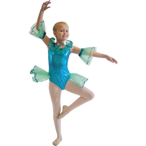 Fish Jazz Dance Costume Lycra Stretchy Girls Dancing Tutus Performance Costumes River Blue Dodice Tutus with Hand Puffy