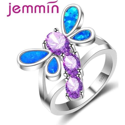 Cute Dragonfly Shape Women Girls Jewelry Gift Purple Crystal Body Blue Fire Opal Wing Best Match 925 Sterling Silver Ring